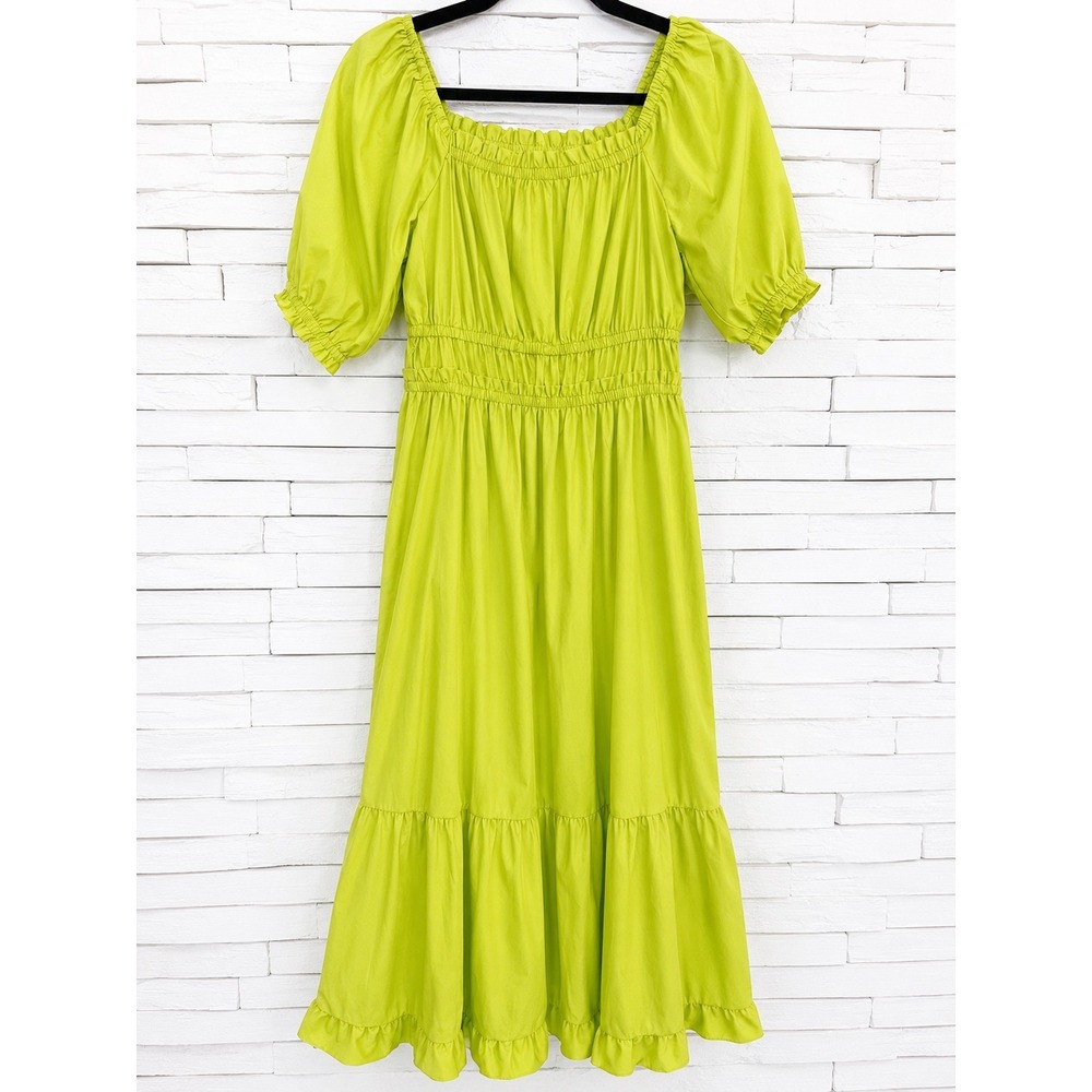Indigo Rose Lime Green Smocked Waist Puff Sleeve Tiered Midi Dress Womens Small